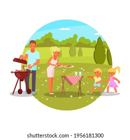 Family bbq, flat vector illustration. Happy mom, dad with two kids cooking, eating grilled sausages and having fun in nature. Outdoor family barbecue party, picnic, summer leisure activity