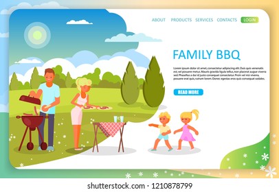 Family bbq landing page website template. Vector illustration of happy family with two kids having summer picnic in park.