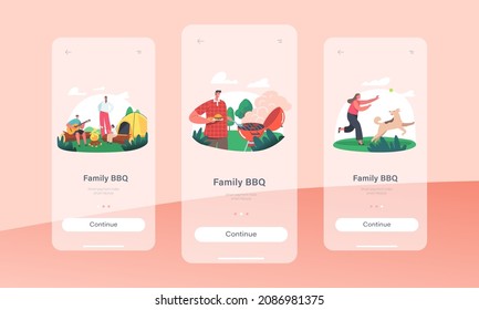 Family BBQ Mobile App Page Onboard Screen Template. Characters Spend Time at Summer Camp in Forest. Young Active Tourists Parents and Kids on Vacation Concept. Cartoon People Vector Illustration