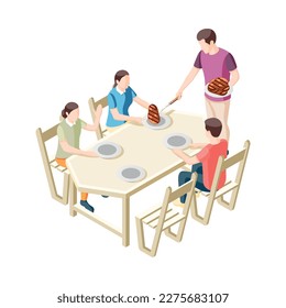 Family bbq party with dad putting grilled beef steaks on plates 3d isometric vector illustration