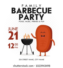 Family BBQ Party Invitation Template. Cute Steak Character Barbecue Time. Retro Background Vector Illustration.