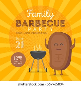 Family BBQ Party Invitation Template. Cute Steak Character Barbecue Time. Retro Background Vector Illustration