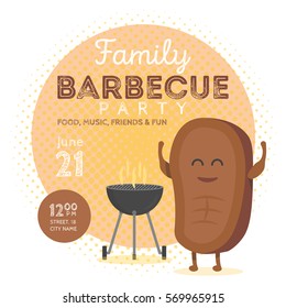 Family BBQ Party Invitation Template. Cute Steak Character Barbecue Time. Retro Background Vector Illustration