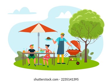 Family at bbq picnic in summer park, vector illustration. Father children character eat food together at weekend, happy outdoor barbecue at nature.