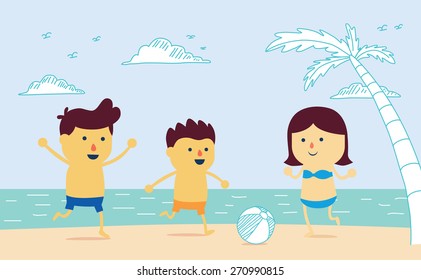 Family be have father, mother and son well being with play ball on the beach in cartoon version and mix a drawing style
