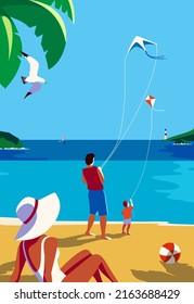 Family Beach Holiday Summer Vacation Rest Fun. Parents, child together leisure relax vector illustration. Sea beach recreation. Sunny tropical seaside landscape background. Season tourist trip concept