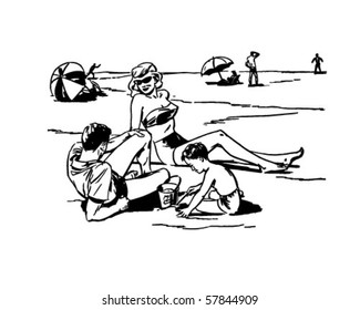 Family At The Beach - Retro Clip Art