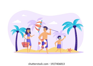 Family at beach scene. Father, mother and son having fun on sandy shore. Summer time vacation, tropical resort, parenting and childhood concept. Vector illustration of people characters in flat design