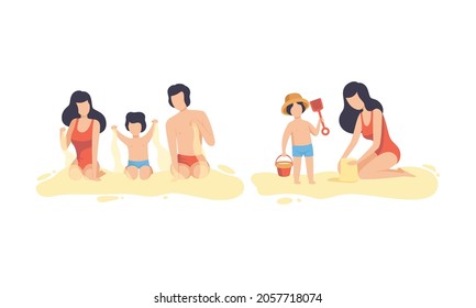 Family at Beach Scene with Father, Mother and Kid Having Fun Playing in Sand Vector Set