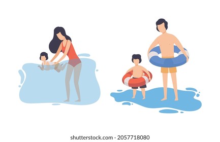 Familia en la escena de la playa con padre, madre y niño nadando y salpicando agua con un juego de vectores de anillo de caucho