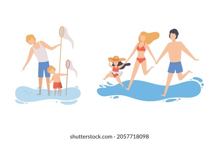 Family at Beach Scene with Father, Mother and Kid Having Fun Catching Fish with Net and Splashing in Water Vector Set