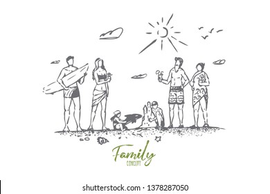 Family, beach, summer, sand, people concept. Hand drawn happy big family on the beach concept sketch. Isolated vector illustration.