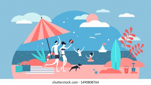 Family at beach vector illustration. Flat tiny summer relax person concept. Travel vacation together with parents, kids and pets. Classical visualization with outdoor tropical paradise shore life view