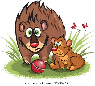 a family of bears - big and small with a ball
