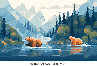 Family of bears fishing for salmon in a river. Animals wildlife in natural habitat concept