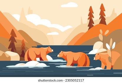 Family of bears fishing for salmon in a river. Animals wildlife in natural habitat concept