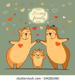 Family bears with the flying hearts and decorative frame, illustration