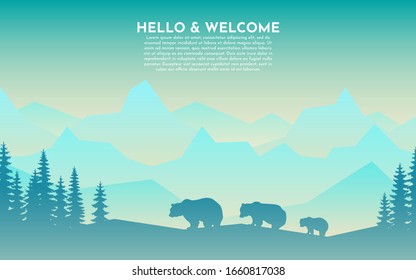 Family of bears go on snow. Winter on mountains. Blue, green, yellow gradient. Forest and single trees. Abstract landscape. Vector flat banner with polygonal landscape illustration. Minimalist style.