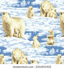 family of bears in the melting arctic, seamless repeat design.