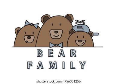 family of bears, mother, father and child, lovely parents and children, bear cub, vector image,outline style,cute characters