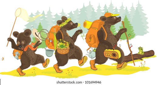 Family of bears traveling on forest. Isolated over white background. All objects are grouped.