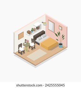 Ilustrador isométrico interior de dormitorio familiar en vector