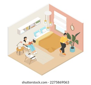 Family bedroom - modern vector colorful isometric illustration. Girl in an armchair reads a book, man waters flower from watering can, there is a double bed next to them. Idyllic, calm evening at home