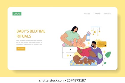 Family Bedtime Routine concept. Parents engaging in nightly rituals with their baby for a peaceful sleep. Bottle feeding, storytelling, and cuddling. Vector illustration.