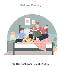 Family bedtime routine with mother reading a book to her children and dog in a cozy bedroom. Serene parenting moment. Vector illustration.