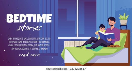 Family bedtime storytelling banner or flyer design, flat vector illustration. Banner with father reading reading a book to his child before going to bed at night.