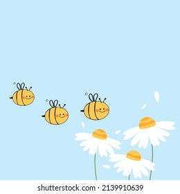 Family bee cartoons and daisy flower on blue background vector illustration. Cute nursery wall decoration.