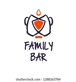 Family beer bar logo. Set template freehand drawn image with silhouette cup, drop and shield. Concept design label, insignia, badge for family food and drink beverage business. Vector illustration.
