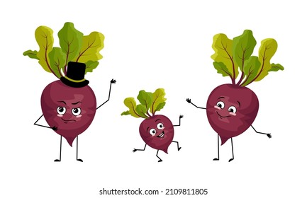 Family of beet vegetable characters with happy emotions, smile face, happy eyes, arms and legs. Mom is happy, dad is wearing hat and child is dancing. Vector flat illustration