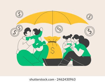 Family benefit abstract concept vector illustration. Family tax benefit, payment per child, help with raising children, economic support, insurance agent, piggy bank, money abstract metaphor.