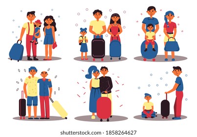 Family and best friend travelling on vacation together set. Man woman couple and children tourist character standing with luggage suitcase vector illustration isolated on white background