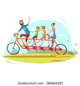 Concepto de caricatura familiar y en bicicleta con ilustración vectorial de los padres 