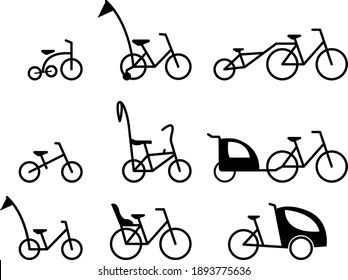 Family Bicycle Icon-Set, Outline Flat Design, Black  White, Vector Grafic
