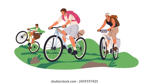 Paseo en bicicleta en familia, vacaciones de viaje activo. Mamá, papá, niños turistas en bicicleta juntos. Actividad al aire libre saludable, deporte, aventura en bicicletas. Ilustración vectorial plana aislada sobre fondo blanco