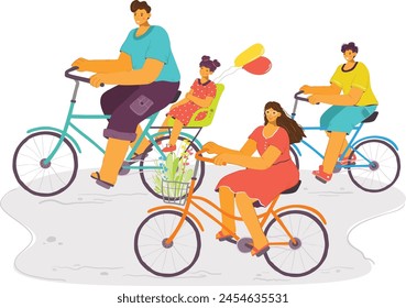 Paseo en bicicleta familiar, niños, padres montando bicicletas, ropa casual, actividad al aire libre, niña sosteniendo globos, día soleado. Ilustración digital bicicleta tándem, cesta de la bicicleta de las flores, ocio alegre