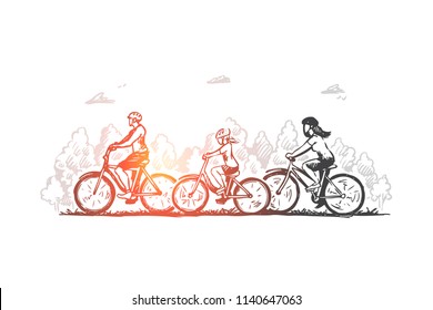 Family, bicycle, sport, activity, together concept. Hand drawn family with kids riding bicycles concept sketch. Isolated vector illustration.