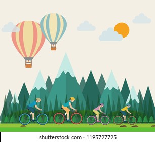 Family and bicycles on a mountain, balloons at morning time
