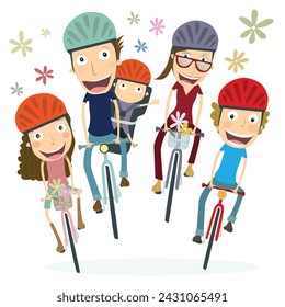 Family bicycling. Front view. Vector illustration