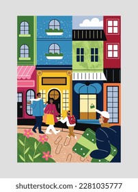 Family in big city. Man and woman with child on background of colorful buildings. Courier with gift and people with packages. Urban exterior and facade. Cartoon flat vector illustration