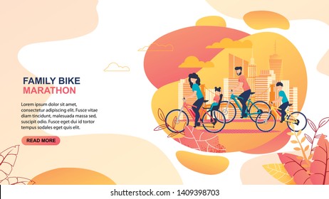 Family Bike Marathon Advertisement. Flat Banner with Editable Promotion Text. Cartoon Parents with Children Riding Bicycles. City Street Landscape with Skyscrapers. Vector Tournament Illustration