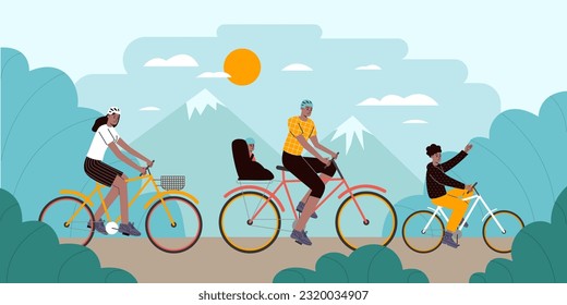 Family bike ride. Cartoon happy parents with kids on bicycles. Outdoor activity. Sports weekend in nature. Mother and father together with sons. People cycling in park