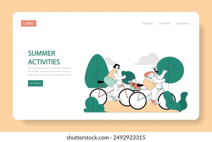 Family Bike Ride concept. A joyful illustration capturing a family of three on a bicycle trip during a sunny summer day amid greenery. Leisure, togetherness, outdoors. Vector illustration.