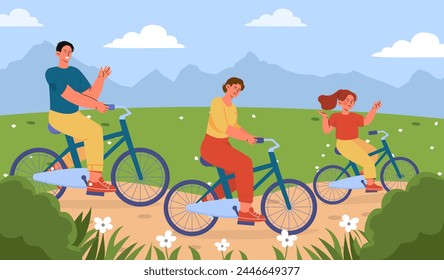 Family bike ride concept. Wife and husband with daughter spending time together outdoors. Active lifestyle and leisure. Cyclist with eco friendly transport. Cartoon flat vector illustration