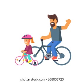 Family bike ride with dad and little daughter on bicycles vector illustration isolated on white. Fatherhood concept, celebrating holiday together