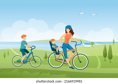 Family bike ride in summer green landscape and nature. Mother and children cyclists in safety helmets riding bicycles, active vacation of sporty people vector illustration. Sport, travel concept