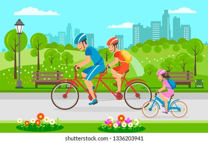 Family Bike Ride through City Park in Summer. Flat Vector Illustration Riding Tandem Ride Dad and Mom Next to Small Childrens Bike Riding Girl in Pink Clothes and Protective Bicycle Helmet. Family Bike Ride through City Park in Summer. Flat Vector Illustration Riding Tandem Ride Dad and Mom Next to Small Childrens Bike Riding Girl in Pink Clothes and Protective Bicycle Helmet.